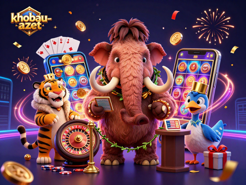 Experience the excitement of khobau-aztec with vibrant slots, 3D characters, and golden coins cascading in a lively casino scene.