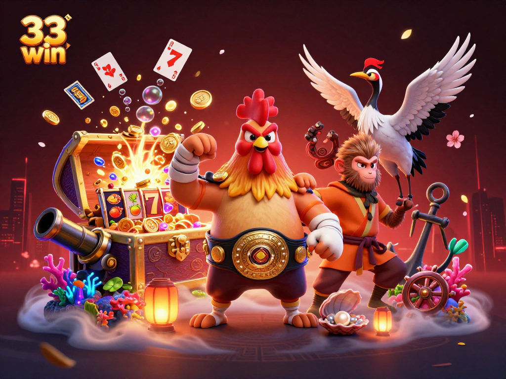Win big at 33 win with 3D cartoon characters and vibrant slot elements in a dynamic casino scene.