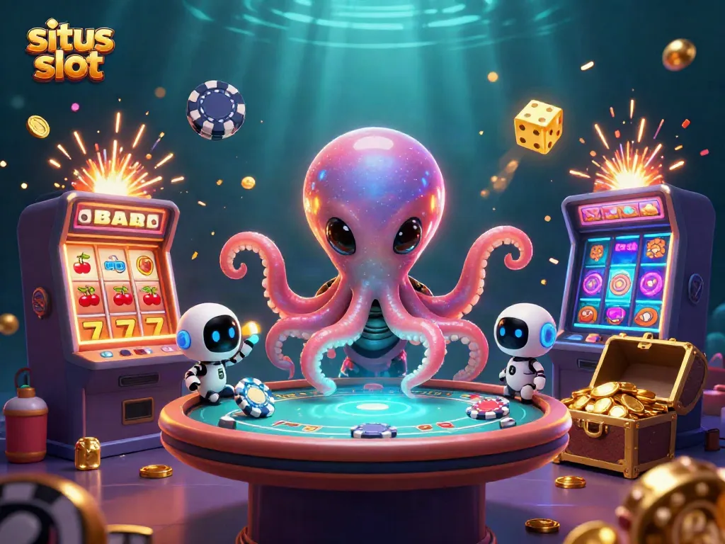Visualisasi menarik dari situs slot dengan karakter alien dan mesin slot meledak dalam cahaya gemerlap