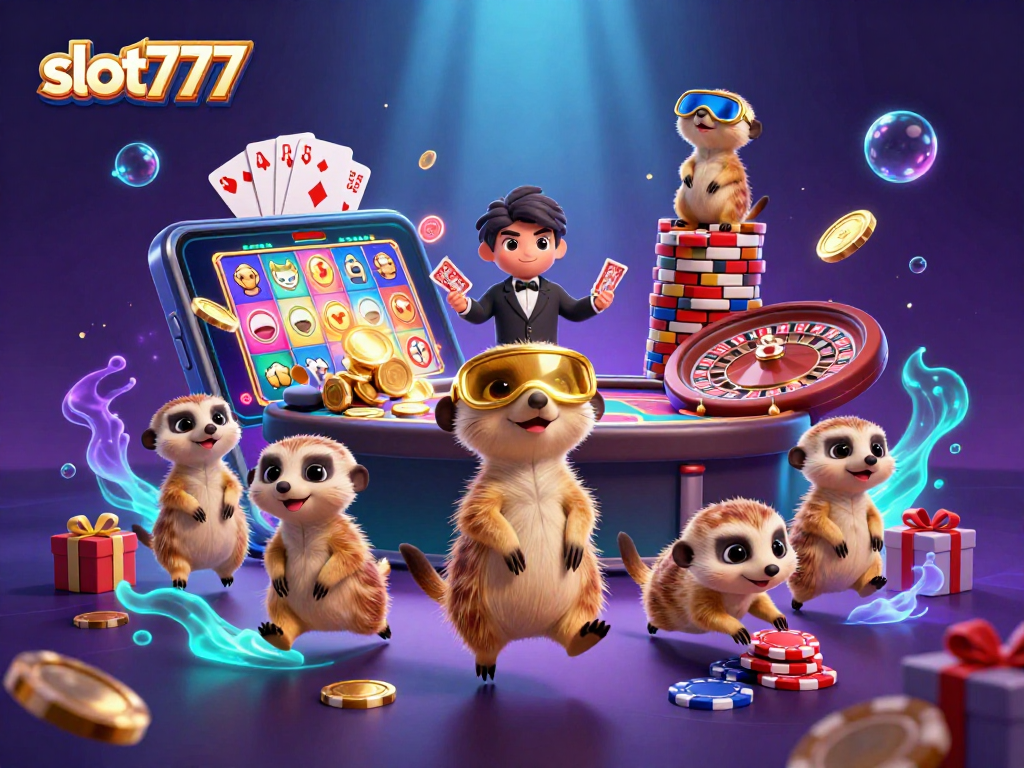Experience slot777 action with dynamic meerkats running a vibrant casino, showcasing games and excitement.