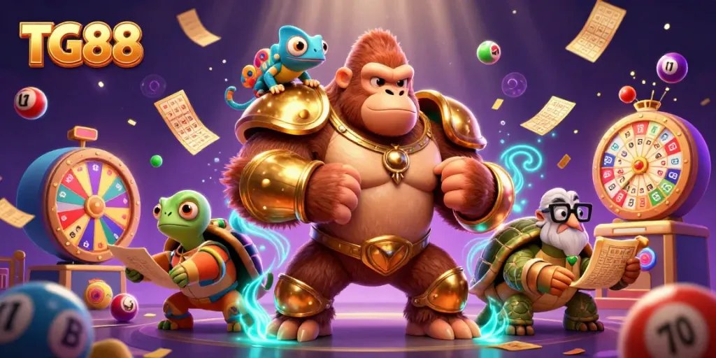 Engage with TG88's vibrant gaming scene featuring a gorilla king and colorful lottery elements.