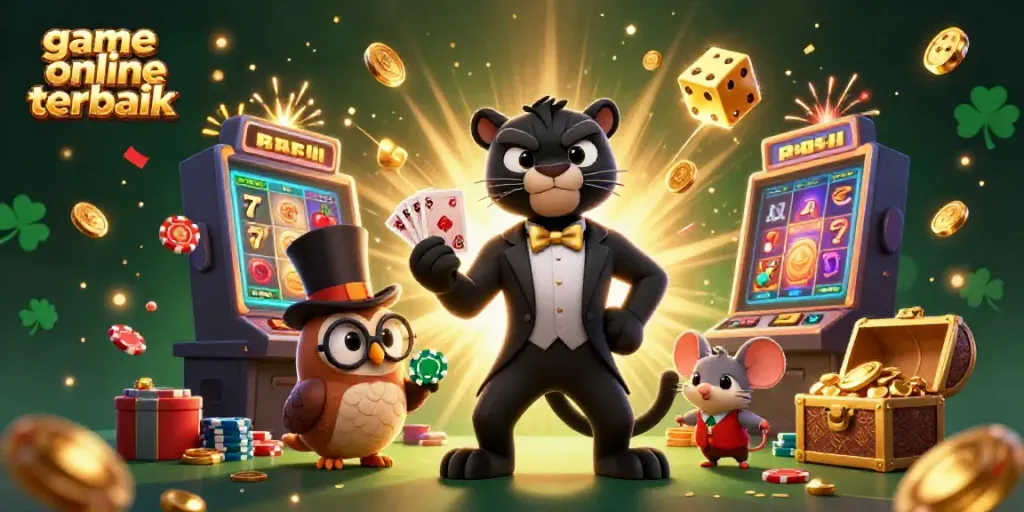 Experience the excitement of game online terbaik with vibrant 3D casino illustration showcasing a panther dealer and more.