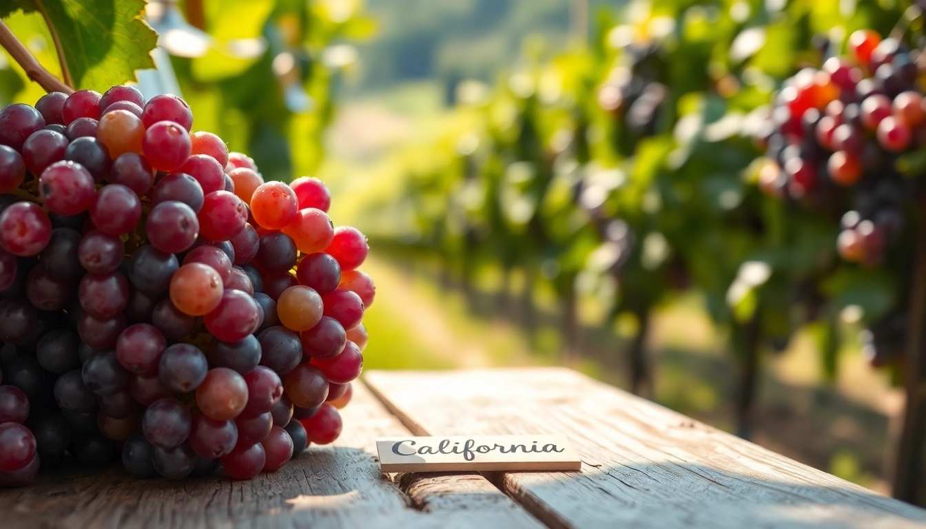 Showcasing fresh wine grapes for sale california on a rustic wooden table in a vineyard setting.