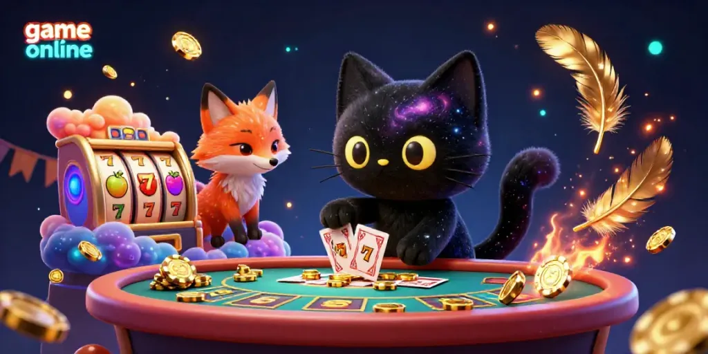 Experience game online excitement with a cartoon cat pulling in casino chips at a vibrant cosmic table.