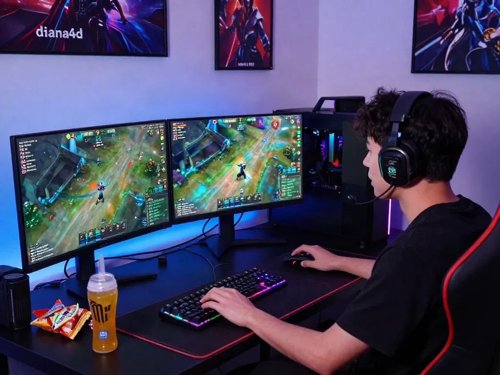 Gamer memainkan diana4d di setup modern dengan monitor ganda