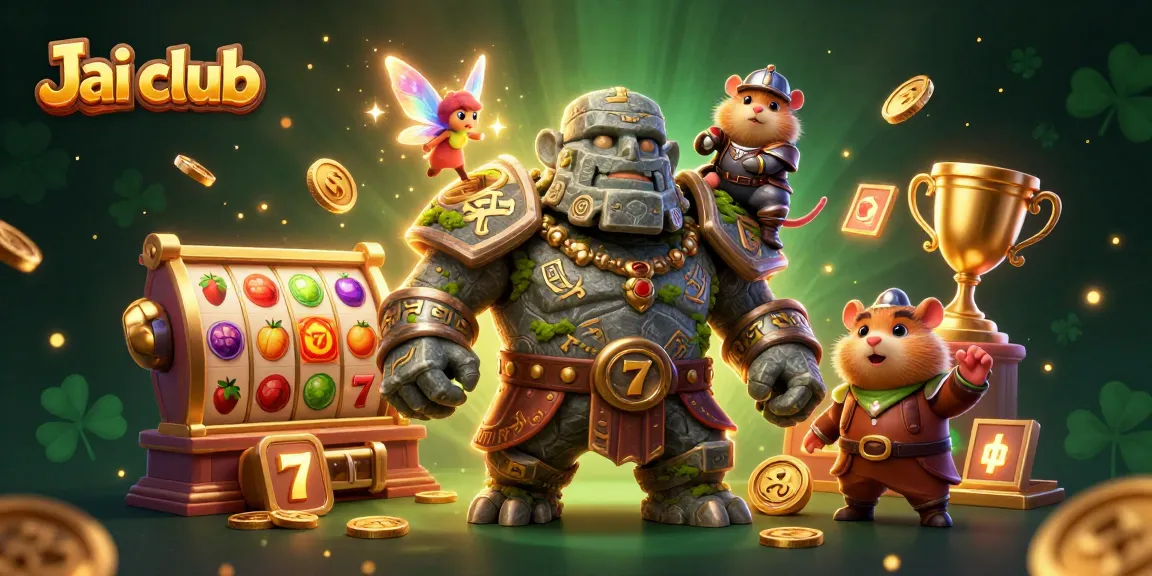 Engage with exciting games on Jai club through a dynamic 3D illustration featuring magical characters and casino elements.