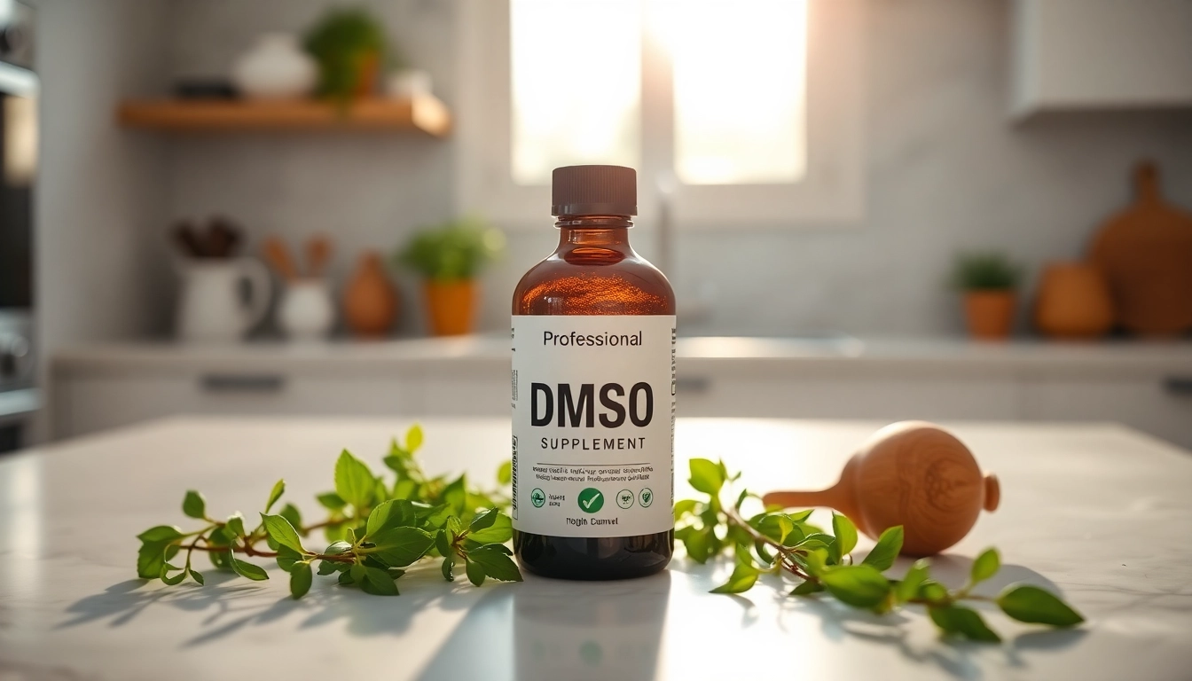 DMSO supplement bottle prominently displayed with fresh herbs in a bright kitchen.