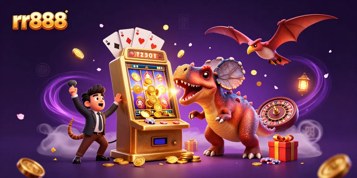 rr888 casino game scene featuring a dinosaur winning big at a slot machine surrounded by flying coins.