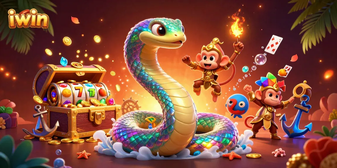 Experience the excitement of iwin slots with a colorful 3D scene featuring a rainbow serpent and golden treasures.