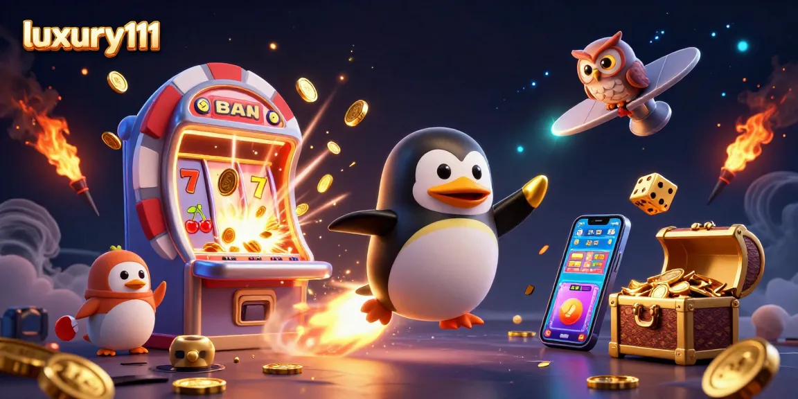 Experience luxury111 in this vibrant 3D casino scene, featuring a penguin escape with golden coins.