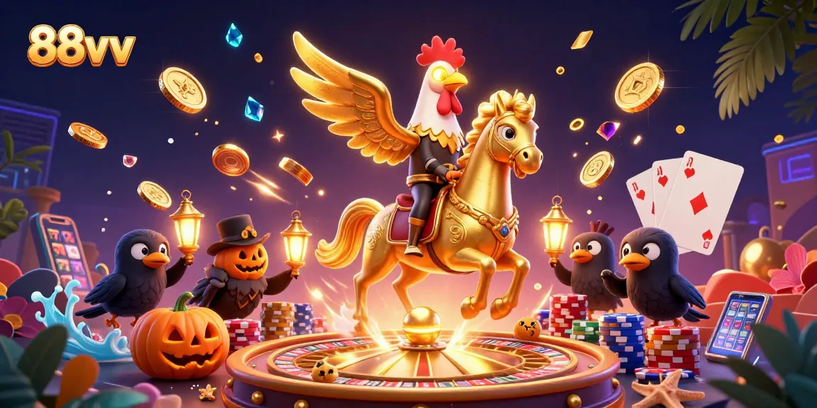 Spin to win at 88vv with a golden rooster and treasures in a vibrant casino scene.