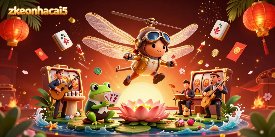 Experience the vibrant atmosphere of zkeonhacai5 as a dragonfly pilot hovers over a lively lily pad casino.