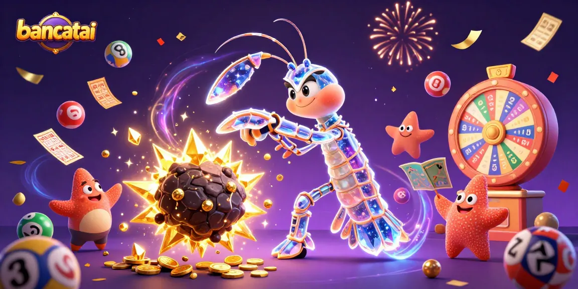 Bancatai lottery scene with a galactic samurai shrimp and starfish celebrating amidst vibrant balls and sparkling confetti.