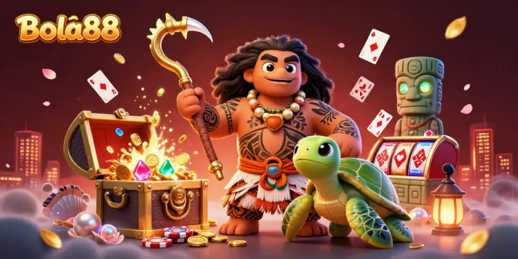 Bola88 showcases a vibrant 3D illustration filled with casino elements, including playing cards and treasure, inviting gamblers to join.