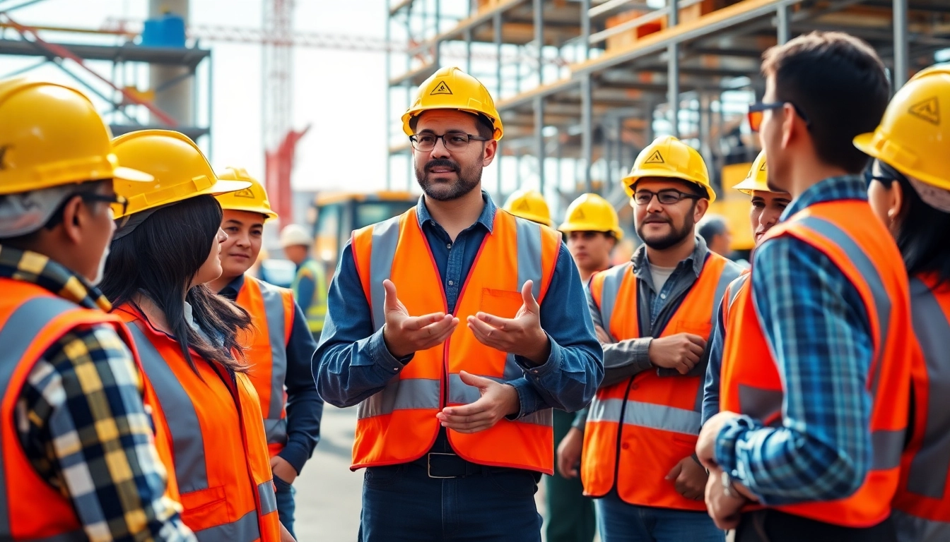 Construction safety training southern california with a professional trainer guiding diverse workers.