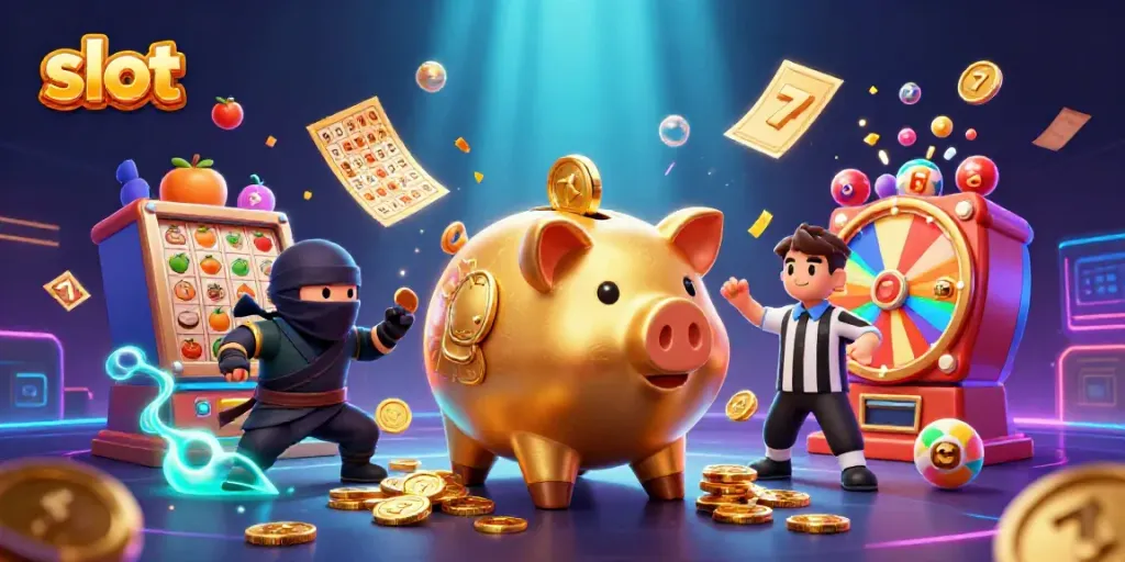 Slot mengasyikkan dengan karakter piggy bank emas yang beraksi dikelilingi elemen permainan.