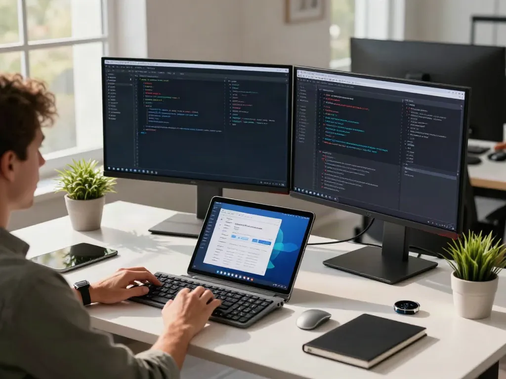 Developer utilizing brave浏览器 in a modern workspace with dual monitors, natural light, and tech gadgets.