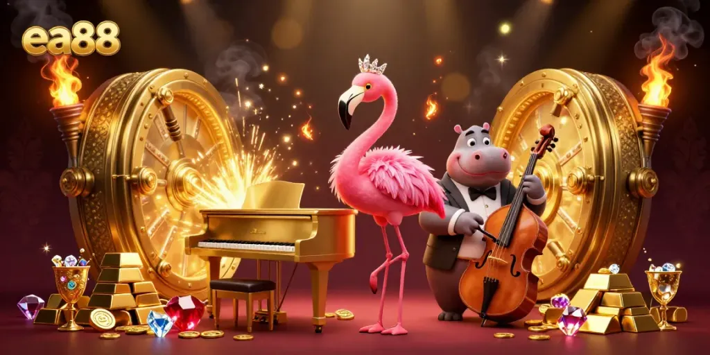 Trải nghiệm sòng bài đẳng cấp với ea88, một ca sĩ hồng flamingo và một nhạc công hà mã giữa ánh sáng lấp lánh.