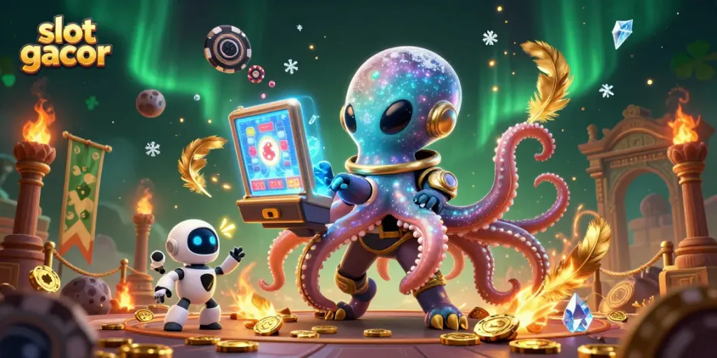 Engage with slot gacor through a vibrant 3D illustration of an alien octopus amidst striking casino elements.