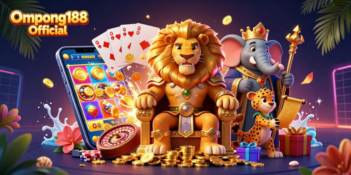 Ompong188 Resmi menghadirkan gambar animasi kasino 3D dengan simbol permainan dan raja singa